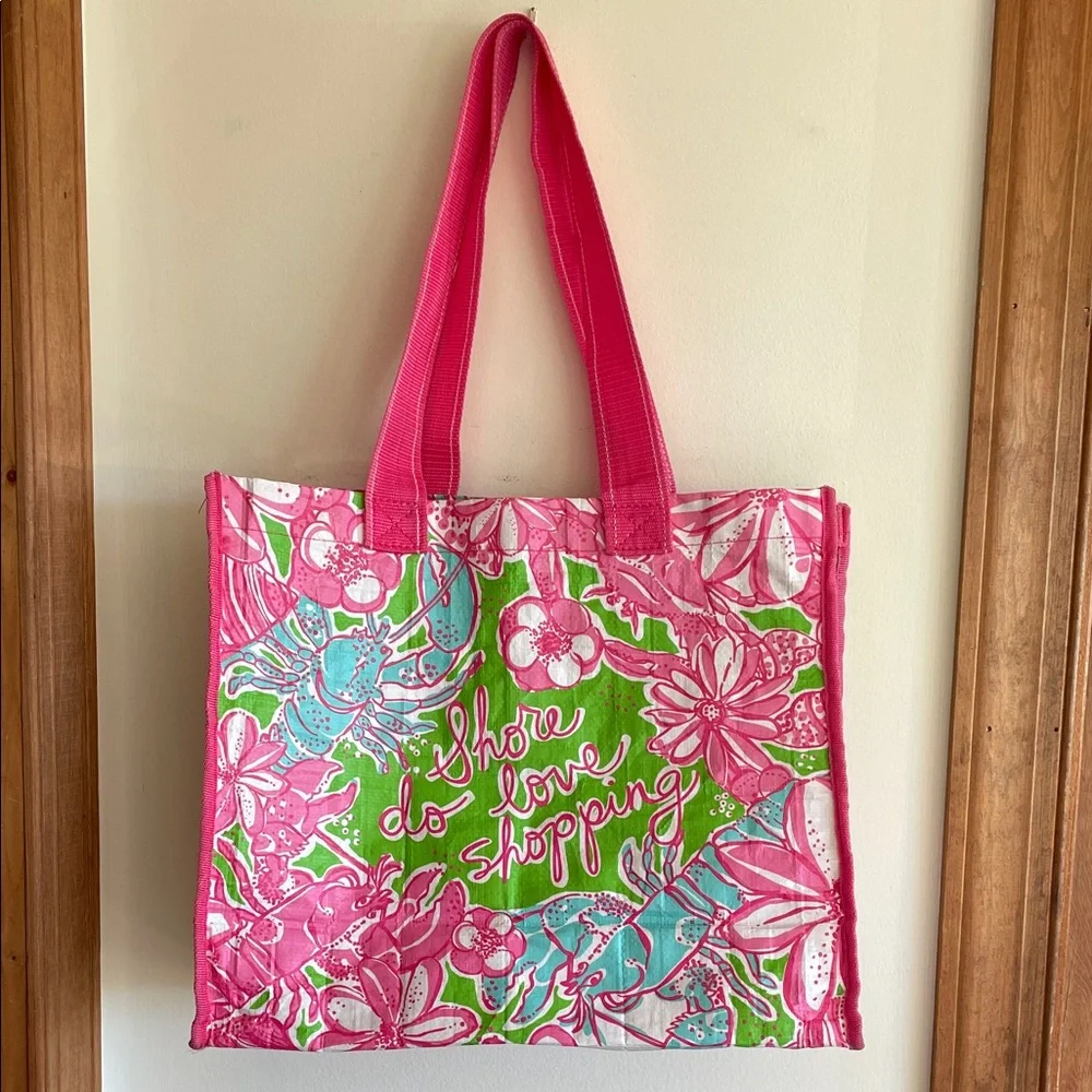 LILLY PULITZER Shore do love shopping Pink and Green Floral Market Eco Tote